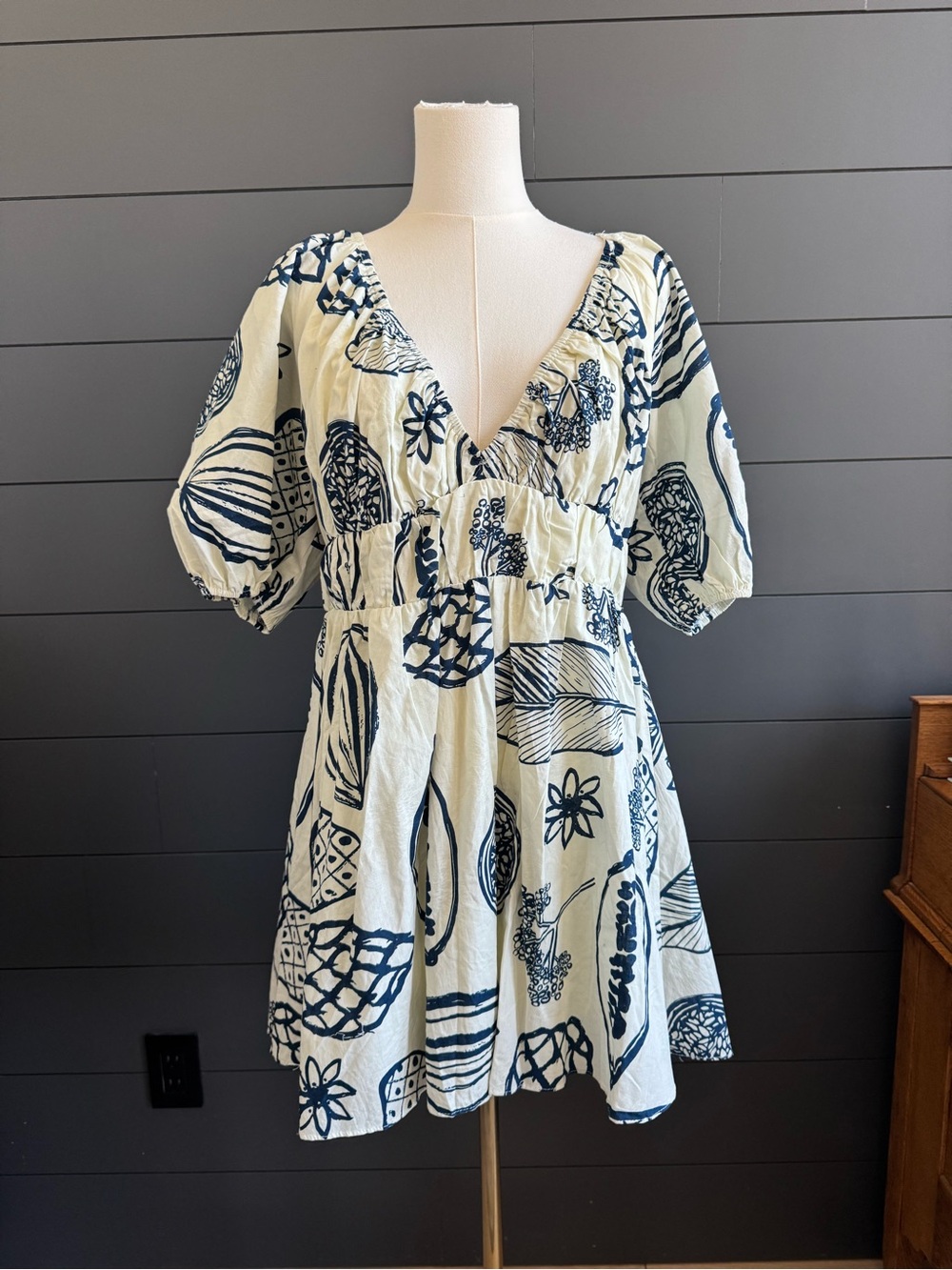 Petal & Pup Reeves Mini Dress Navy Tropical Print V-Neck Puff Sleeve Resort Wear